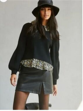 Anthropologie Black Sweater with Floral Collar and Hem